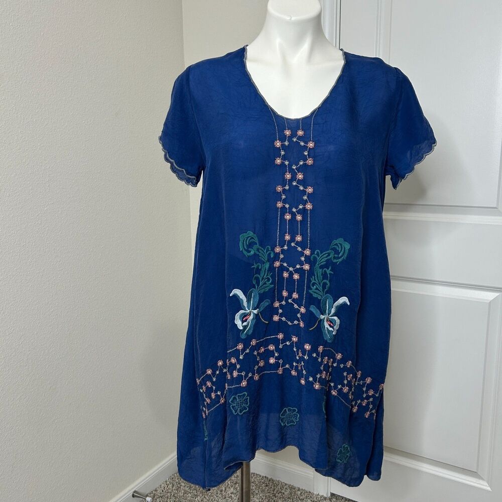 Johnny Was Willamy Embroidered Georgette Tunic Blouse Blue Silk Butterfly PS